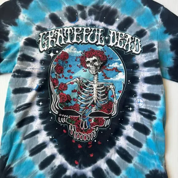 Grateful Dead Liquid Blue Tie Dye Skull Roses Steal Your Bertha Tee Double Sided - Picture 3 of 10